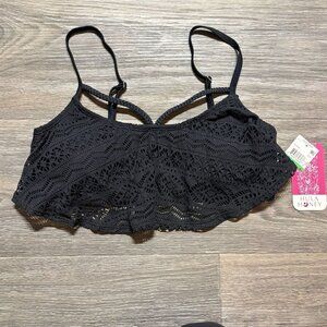Hula Honey Black Crochet Lace Bralette Bikini Top Large Adjustable Straps NEW